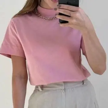 Blusa de Gola Rosa T-shirt 100% Algodão Diversas Cores Lisa
