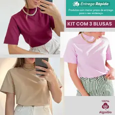 UNIDADE OU KIT COM 3 BLUSA CAMISETA T-SHIRT GOLA ALTA FEMININA MENEGOTTI 100% ALGODÃO BLUSINHA