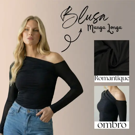 Blusa feminina manga longa estilosa detalhe no ombro drapeado