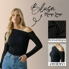 Blusa feminina manga longa estilosa detalhe no ombro drapeado