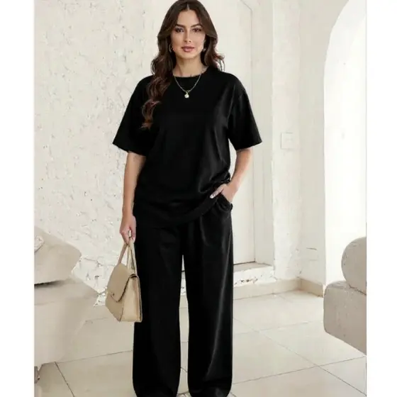 Conjunto Estilo & Conforto Calça Pantalona com Blusa T-shirt alongada