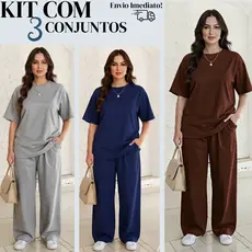 Kit com 3 conjunto Blusa Feminina over e Calça Pantalona