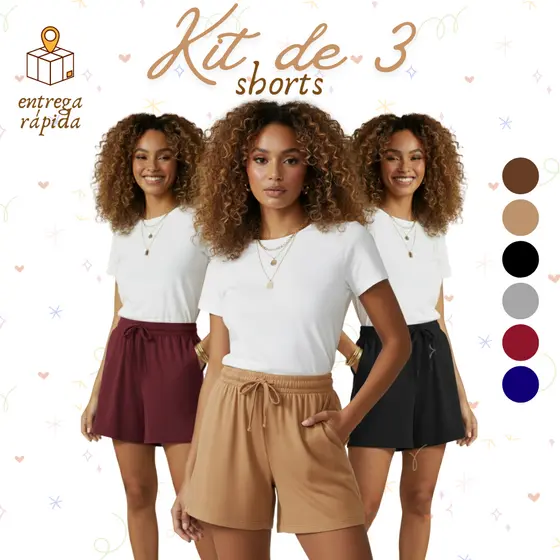 Kit 3 Short Feminino Viscolycra com Bolsos