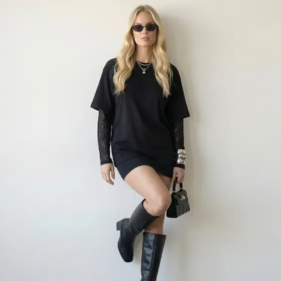 Blusa Feminina Estilo Over Com Manga Longa de Renda