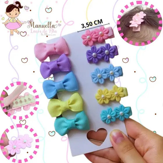 10 Micro Laço Florzinha Para Bebês Presilha Toda Forrada e Com Borrachinha Antideslizante
