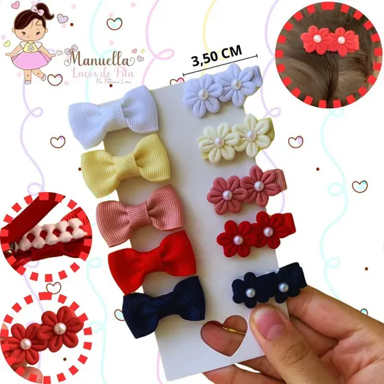 10 Mini Laços Florzinha Presilhas Antideslizantes e Forradas Perfeitas para Bebês com Pouco Cabelinho