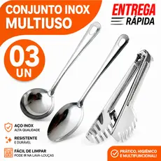 Conjunto Inox 3 Peças Colher de Arroz , Concha Feijão  E Pegador de Macarrão Profissional Cozinha, Restaurante Buffet