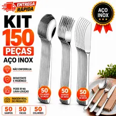 Kit Talheres 150 Peças Aço Inox 50 Colheres + 50 Garfos + 50 Facas Faqueiro Resistente Restaurante Buffet Cozinha