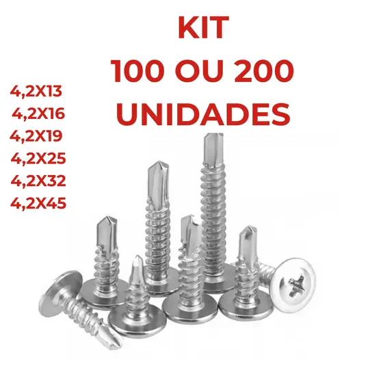 Kit 100 ou 200 Parafuso Auto Brocante 4,2mm Flangeado Phillips Drywall