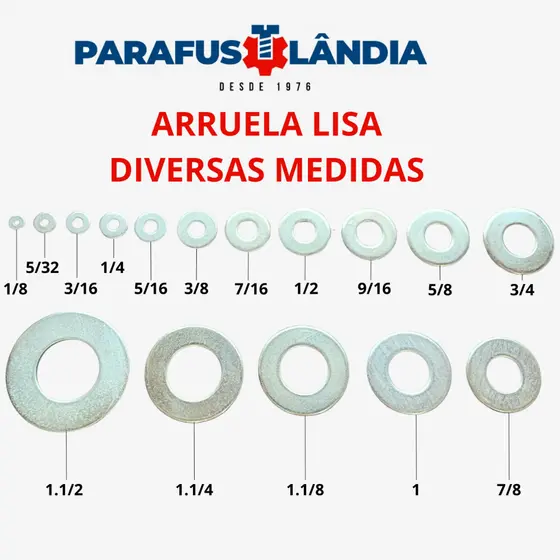 Arruela Lisa Ferro Zincada 5/32 - 3/16 - 1/4 - 5/16 - 3/8 - 7/16 - 1/2 - 5/8 - 9/16 - 3/4 - 7/8