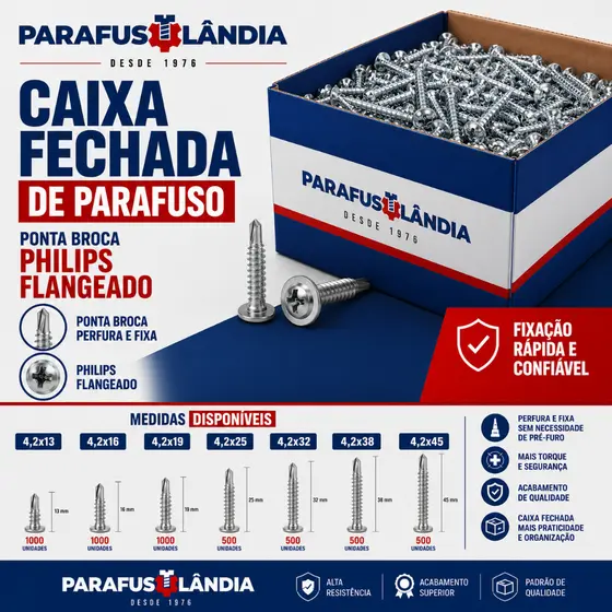 Caixa Fechada Parafuso Auto Brocante Flangeado Phillips 4,2 mm Drywall forro ponta broca