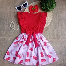 Vestido Festa babado Vestido Vermelho Vestido com Laço Vestido Menina Passeio laço Vestido Verão menina cabelo luxo