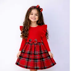 Vestido Menina Infantil Manga Longa Inverno Xadrez Flanela Confortavél Lacinho Princesa Acompanha Tiara Com Laçinho