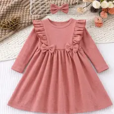 👗 Vestido Infantil Menina Bebê Manga Longa Rosa com Laços Babados Inverno Confortável Roupa Bebê Criança Infantil Luxo
