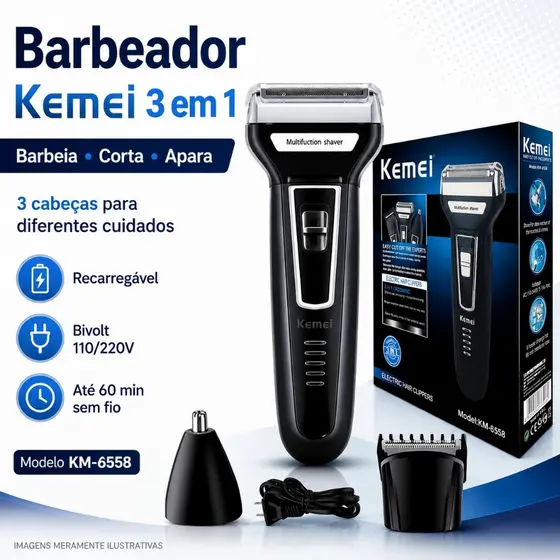 Barbeador Kemei KM-6558 3 em 1 Bivolt Recarregável Corta Cabelo e Apara Nariz