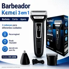 Barbeador Kemei KM-6558 3 em 1 Bivolt Recarregável Corta Cabelo e Apara Nariz