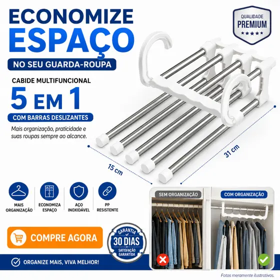 Cabide 5 em 1 para Calças e Roupas Organizador de Guarda-Roupa Barras Deslizantes Aço Inox