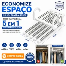 Cabide 5 em 1 para Calças e Roupas Organizador de Guarda-Roupa Barras Deslizantes Aço Inox