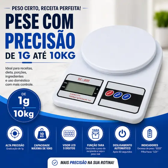 Balança Digital Cozinha 10kg Alta Precisão 1g Função Tare Balança Culinária Não Acompanha Pilhas