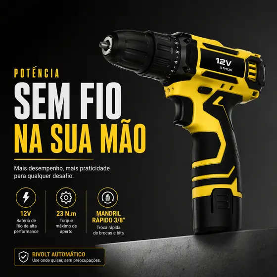 Parafusadeira Furadeira 12V Sem Fio Bateria Lítio Bivolt Com Kit 24 Peças Mandril 3/8