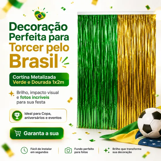Cortina Metalizada Franja Verde e Dourada 1x2m Festa Brasil Aniversário Painel Fotos