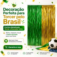 Cortina Metalizada Franja Verde e Dourada 1x2m Festa Brasil Aniversário Painel Fotos