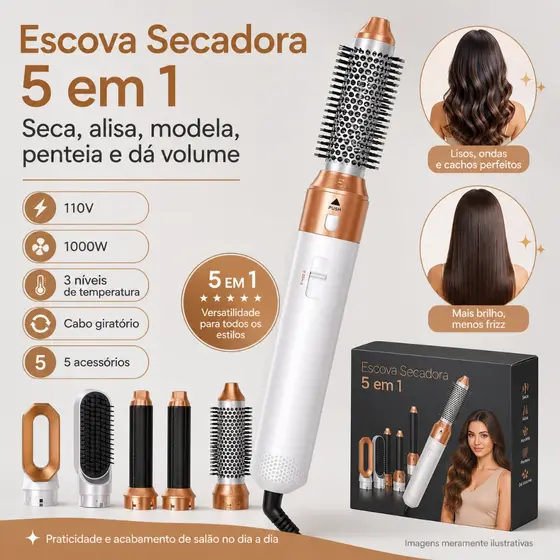Escova Secadora 5 em 1 110V Modeladora Alisadora Ar Quente 1000W Branca Dourada