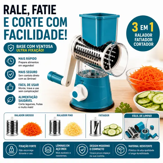 Ralador Fatiador Manual Giratório 3 em 1 Inox Multiuso Com 3 Tambores Base Ventosa Cores Sortidas