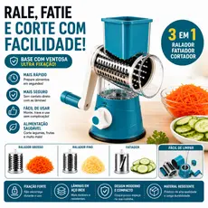 Ralador Fatiador Manual Giratório 3 em 1 Inox Multiuso Com 3 Tambores Base Ventosa Cores Sortidas
