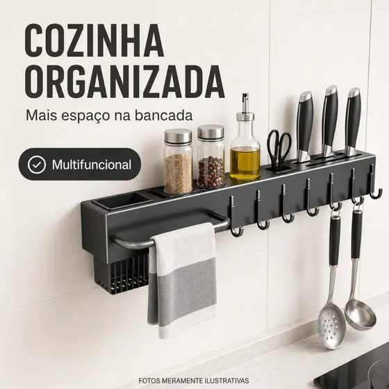 Prateleira Organizadora de Cozinha Multifuncional Metal com Ganchos e Cesto