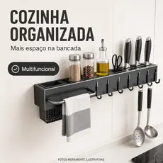 Prateleira Organizadora de Cozinha Multifuncional Metal com Ganchos e Cesto
