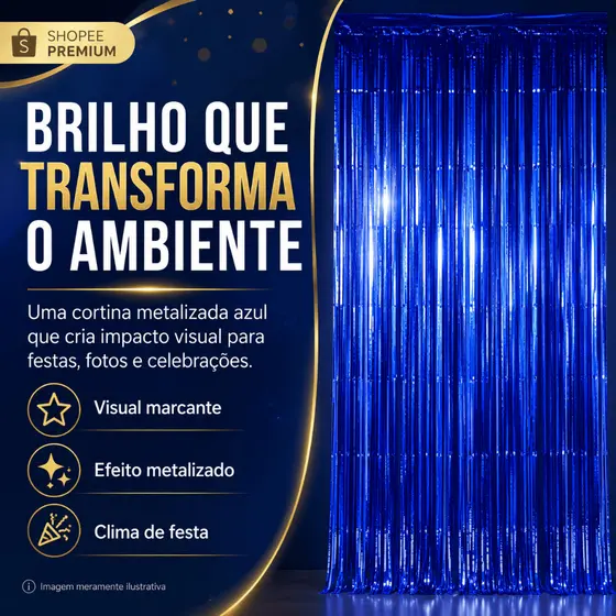 Cortina Metalizada Azul 1x2m Franja Festa Fundo Fotográfico