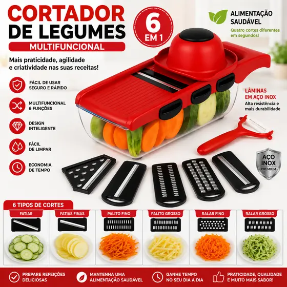 Cortador de Legumes 6 em 1 Multifuncional com Lâminas em Aço Inox Fatiador Ralador Picador
