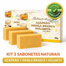 3 sabonetes clareadores açafrão dolomita e argila branca auxilia manchas e regiões escurecidas