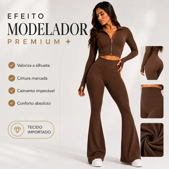 Conjunto Fitness Feminino Flare Canelado Premium Cropped Manga Longa com Dedeira Cintura Alta Academia Yoga Casual