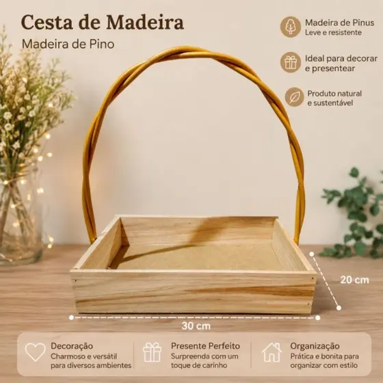 Kit 6 Cestas Quadradas de Madeira Pinus 25x16cm – Cesta para Presente, Decoração