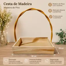 Kit 6 Cestas Quadradas de Madeira Pinus 25x16cm – Cesta para Presente, Decoração
