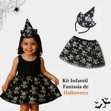 Fantasia Halloween Infantil Caveira com Saia Tule e Tiara Orelhas de Gato