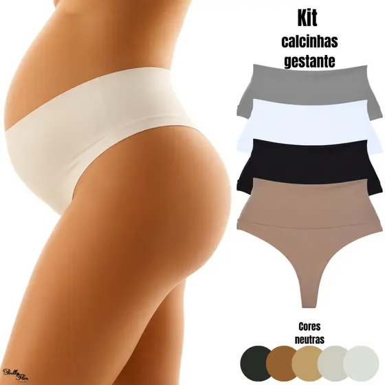 Kit com 5 ou 3 Calcinhas Cós Alto Gestante Grávida Pós Parto Fio Duplo Não Marca CORES NEUTRAS