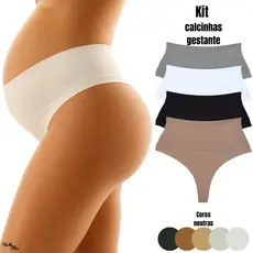Kit com 5 ou 3 Calcinhas Cós Alto Gestante Grávida Pós Parto Fio Duplo Não Marca CORES NEUTRAS