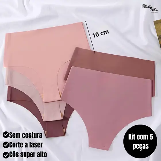 Kit 5 Calcinhas Cós Alto Sem Costura Corte a Laser Conforto Não Marca