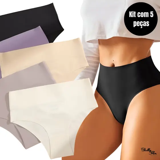 Kit 5 Calcinhas Cós Alto Sem Costura Corte a Laser Conforto Não Marca
