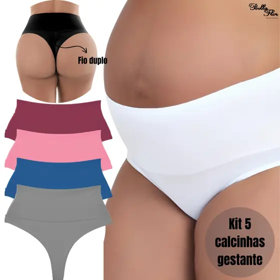 Kit com 5 ou 3 Calcinhas Cós Alto Gestante CORES NEUTRAS Grávida Pós Parto Fio Duplo Não Marca Bella Flor