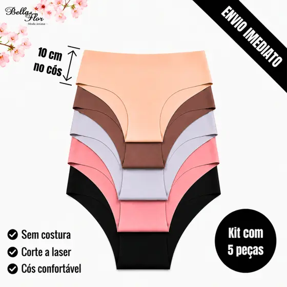 Kit 5 Calcinhas Cós Alto Sem Costura Corte a Laser Conforto Não Marca