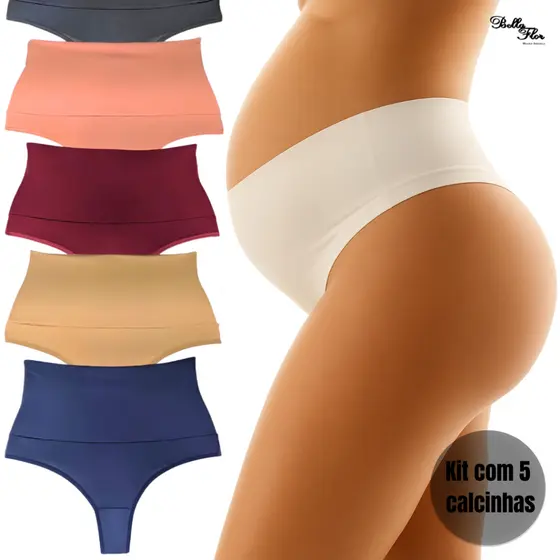 Kit de 5 ou 3 Calcinhas Cós Alto Gestante Grávida Pós Parto Fio Duplo Não Marca Cós Duplo