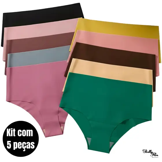 Kit com 5 Calcinhas Cós Alto Sem Costura CORTE LASER Conforto Não Marca Forro Algodão