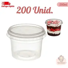 Kit 200 Pote Redondo Com Tampa Para Alimentos e Sobremesa Plástico 250ml