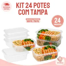 Kit 24 Pote Marmita Freezer Microondas Fitness Plástico Com Tampa Descartável