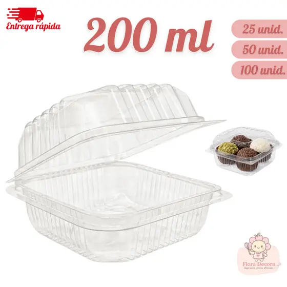 Kit Até 100 Embalagem Quadrada com Tampa para Bolo e Sobremesa 200ml