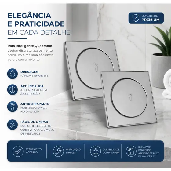 1/2 Ralo Inteligente Click 10x10 15x15Cm Inox Banheiro Lavabo Veda Cheiro Elegante Minimalista